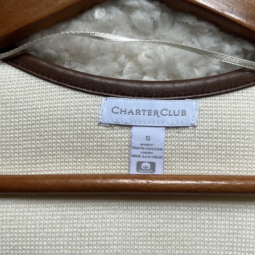 Charter Club Milano white navy faux leather open knit sweater cardigan jacket